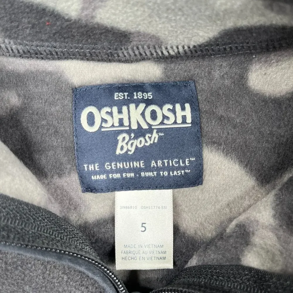 OshKosh B'gosh Fleece Sweater Size 5 Youth Boys Gray Camoflauge Full Zip NEW